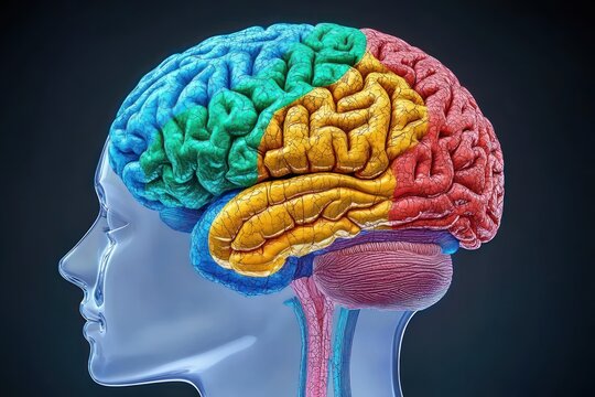 Vibrant Segmented Human Brain Profile Illustration with Detailed Lobes and Textures on White Background