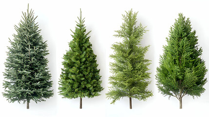 Four Different Types of Christmas Trees on White Background
