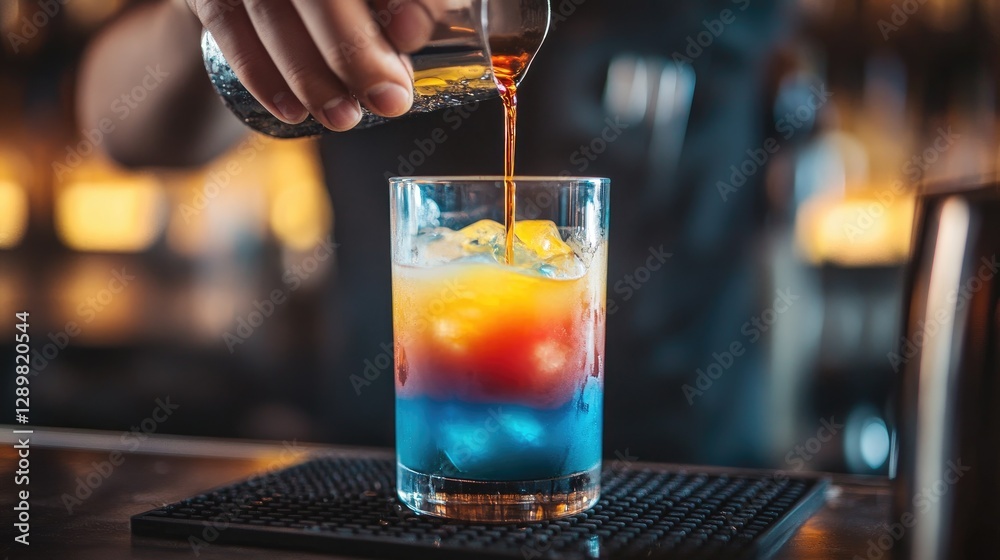 Poster a bartender's hands carefully pouring vibrant syrup into a clear cocktail glass, creating a mesmeriz