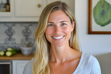 Naklejka premium Happy, healthy woman smiling in a bright kitchen. Perfect for blogs, websites, or articles about wellness, health, and happiness.