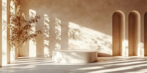 Obraz premium Minimalist Beige Podium with Leaf Shadows on Smooth Wall 3D Rendering