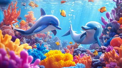 Dolphins swim in vibrant coral reef. Underwater scene