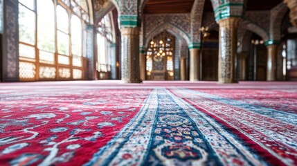 Detailed View of Colorful Carpets Inside a Beautiful Mosque Hall
