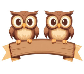 Two cute owls sitting on wooden banner with transparent background