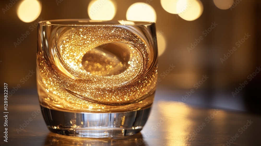 Poster a beautifully lit glass vase containing a swirl of iridescent gold glitter, perfect for adding a tou
