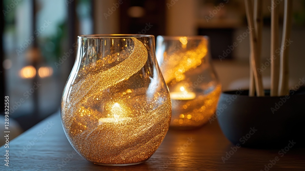 Poster a beautifully lit glass vase containing a swirl of iridescent gold glitter, perfect for adding a tou