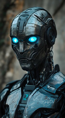 Close-up of a futuristic robot with glowing blue eyes, weathered metallic surface, detailed design.