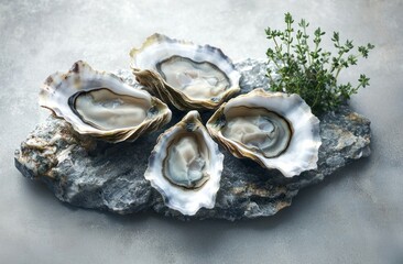 Fresh Oysters Close Up on Gray Stone Surface with Thyme Luxury Seafood Dinner