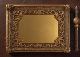 Ornate gold frame with intricate scroll details surrounding a ancient leather-bound book,  books,  leather