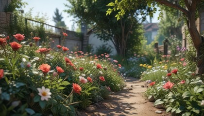overgrown garden with thorns and flowers in bloom,  green,  foliage