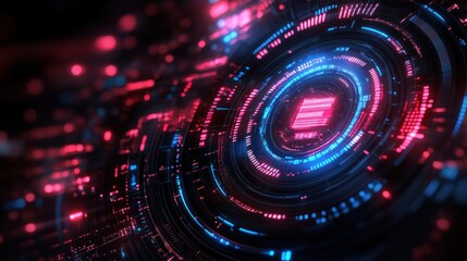 Obraz premium Futuristic digital interface with glowing concentric rings and circuit patterns.