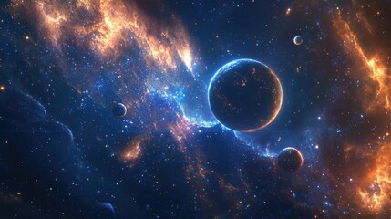 Obraz premium A breathtaking cosmic dance of planets, with vibrant textures and colors, floating against the deep blue nebula background in a stunning celestial display.