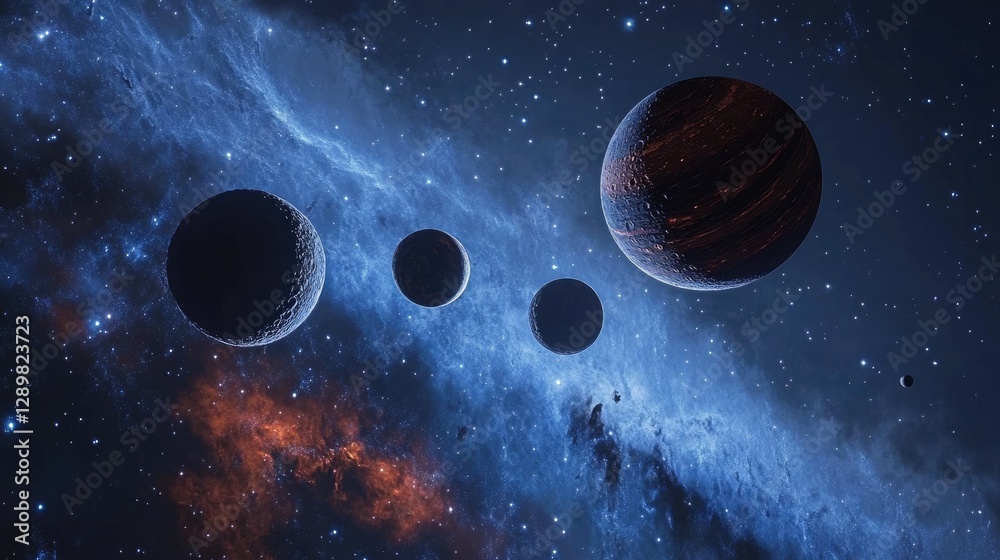 Poster A breathtaking view of planets engaged in a cosmic ballet, each with its unique texture and color, set against the backdrop of a deep blue nebula in a vast galaxy.