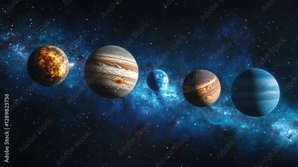 Poster A breathtaking view of planets engaged in a cosmic ballet, each with its unique texture and color, set against the backdrop of a deep blue nebula in a vast galaxy.