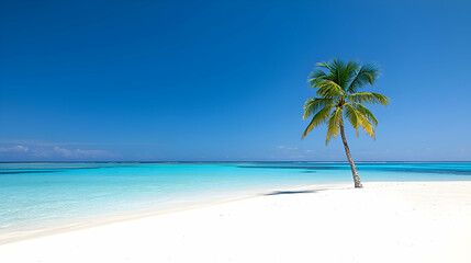 Obraz premium Single Palm Tree on Pristine White Sand Beach with Turquoise Ocean and Vivid Blue Sky