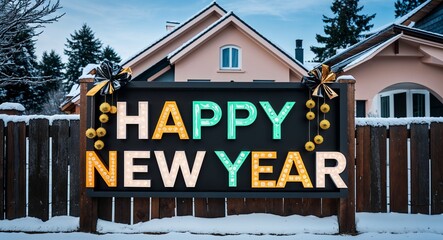 Fototapeta premium happy new year lettering on sign at fence with house background