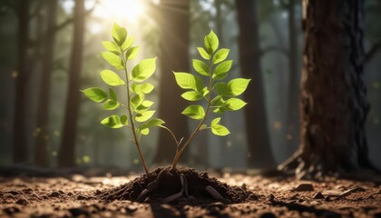 Sapling growing upright with leaves unfurling in sunlight,  forest,  leaf