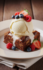 Delicious fudgy brownie with scoop of ice cream and mixed berries served on rustic wooden table for dessert lovers