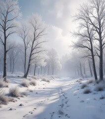Obraz premium Serene snow-covered landscape with frozen trees and misty sky, forest, frosty