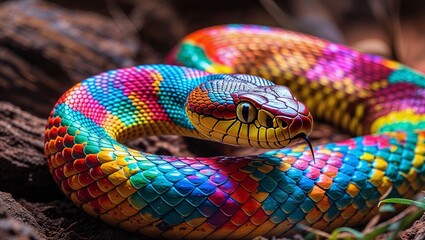 Fototapeta premium Vibrant Rainbow-Colored Snake in Natural Habitat