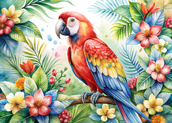Fototapeta premium cute parrot floral watercolor illustration vector art isolated white and green nature plant background, abstract vibrant pastel color 
