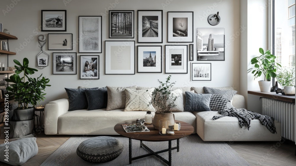 Poster a chic living room with a gallery wall of diverse photo frames in varying sizes and orientations, sh
