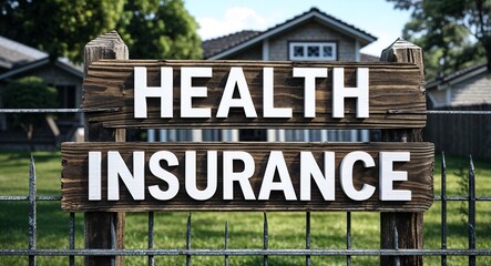 Fototapeta premium health insurance lettering on sign at fence with house background