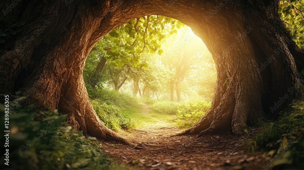 Poster A circular opening in an ancient tree dense leaves leads into a shadowy unknown, inviting wonder and curiosity about what lies beyond.