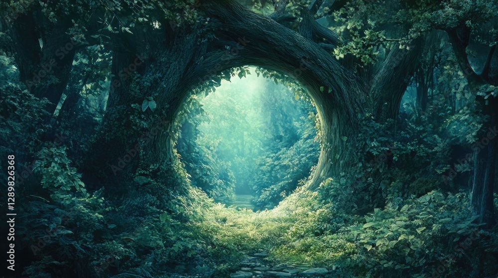 Poster a circular opening in an ancient tree dense leaves leads into a shadowy unknown, inviting wonder and