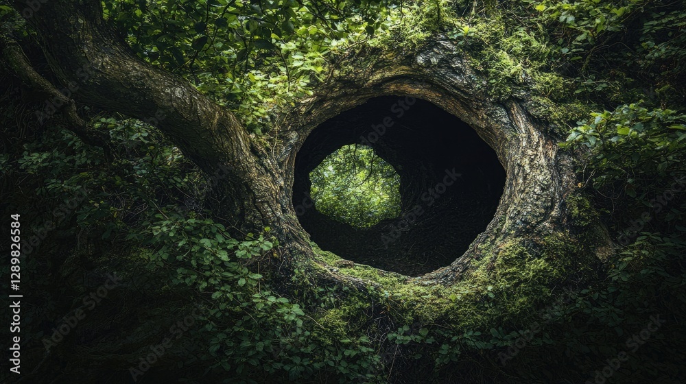 Poster a circular opening in an ancient tree foliage reveals a dark interior, sparking curiosity and evokin