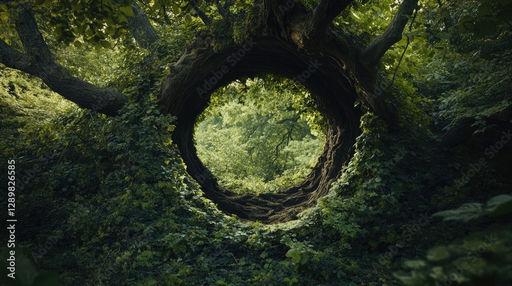 Poster a circular opening in an ancient tree foliage reveals a dark interior, sparking curiosity and evokin