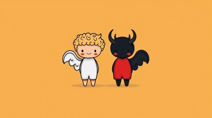 Cute angel and devil characters on a bright background.