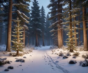 Obraz premium Snowy forest with pine trees and festive lights, greenery, festive