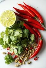 Fresh Red Chilies, Lime, Cilantro and Cardamom on White Marble Background for Culinary Arts and Cooking Inspirations