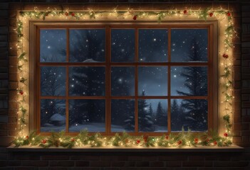 Snowy windowpane with Christmas lights and garland ,  festive,  snow