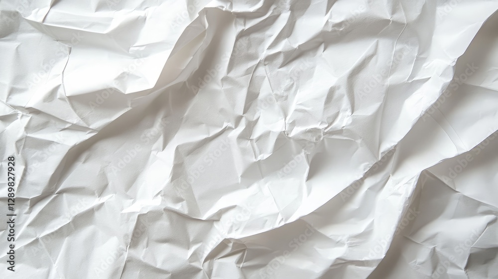 Poster a close-up of a crumpled white paper sheet with visible creases and wrinkles, isolated on a white ba