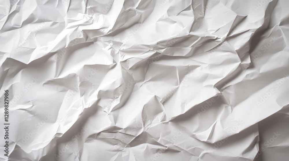 Poster a close-up of a crumpled white paper sheet with visible creases and wrinkles, isolated on a white ba