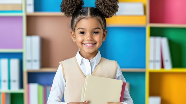 Cheerful girl holding books in colorful classroom setting