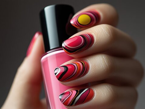 Bright Pink Nail Polish with Abstract Nail Art Design Close-Up - Powered by Adobe