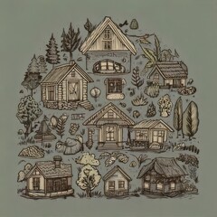 Fototapeta premium Minimalist, Mobile, and Nature-Inspired Tiny Houses and Home Icons