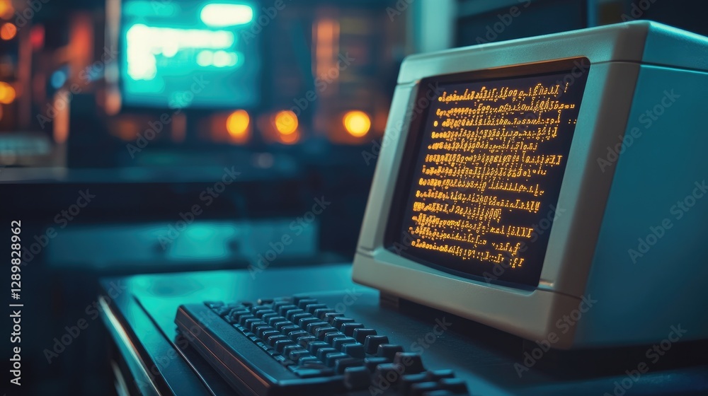 Aufkleber A close-up of a vintage computer with glowing programming code on the screen in a tech lab, highlighting the intricate details and retro technology from early computing days.