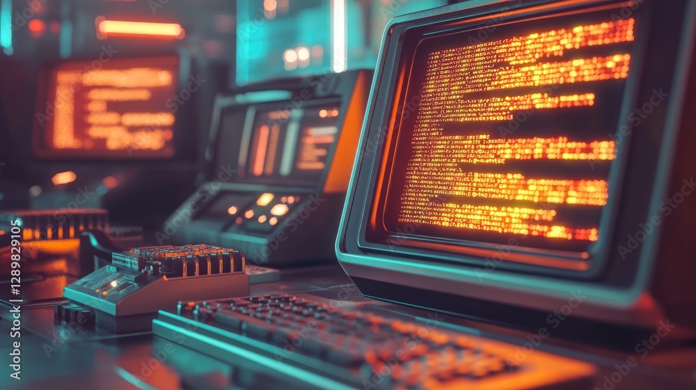 Poster A close-up of a vintage computer with glowing programming code on the screen in a tech lab, highlighting the intricate details and retro technology from early computing days.