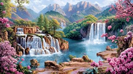 Serene Waterfall Landscape with Pink Blossoms and Lush Greenery