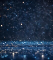 Sparkling glitter bokeh effect on a deep blue background with a soft glow of lights and stars in a minimalist light art design,  minimalism,  sparkles