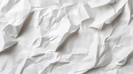 Fototapeta premium A close-up shot of crumpled white paper with visible creases and wrinkles, isolated against a white background, creating a damaged, waste-filled texture.