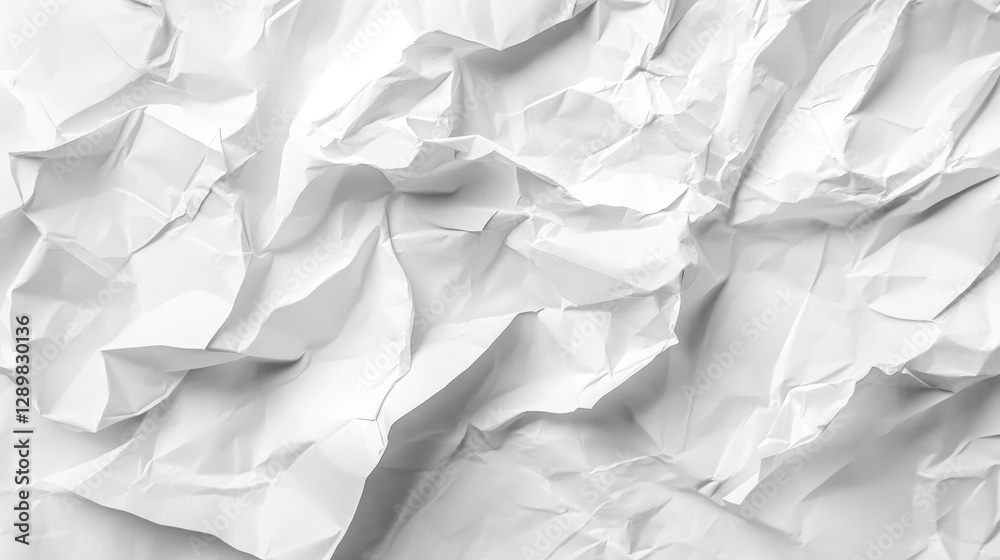 Poster a close-up shot of crumpled white paper with visible creases and wrinkles, isolated against a white 