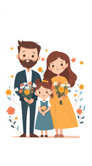 Fototapeta premium Family Portrait: A loving family stands together, smiling and holding flowers, a cheerful illustration capturing the essence of togetherness and familial bond.