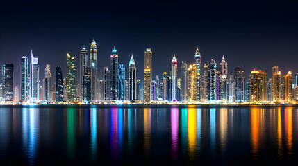 Fototapeta premium Night City Skyline Reflection In Water