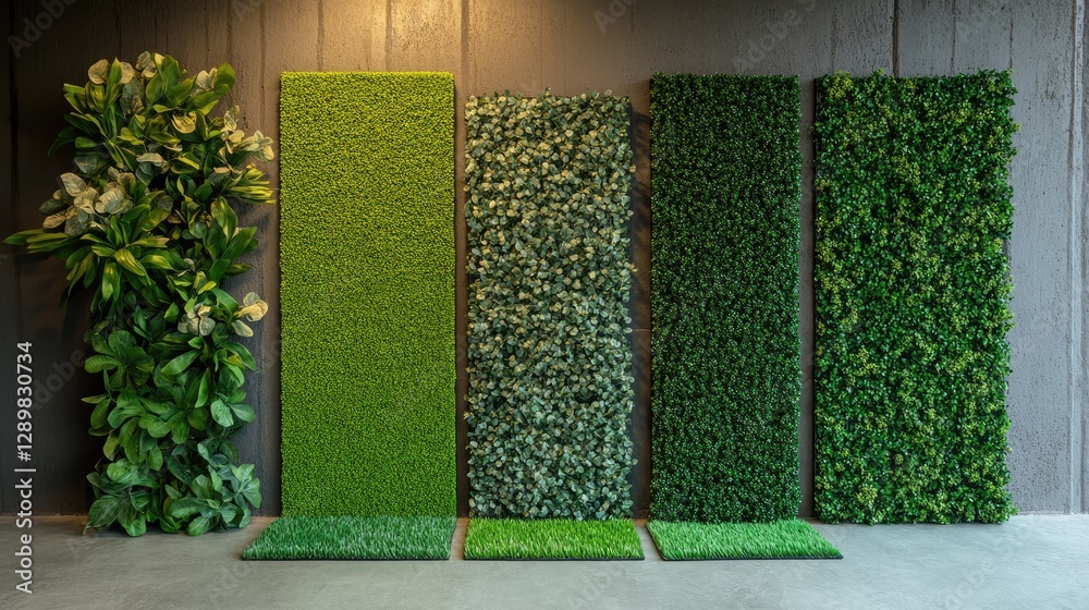 Poster A collection of artificial greenery, including plants and grass panels, offering a wide selection for design projects seeking realistic and low-maintenance solutions.
