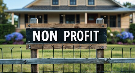 Obraz premium non profit lettering on sign at fence with house background